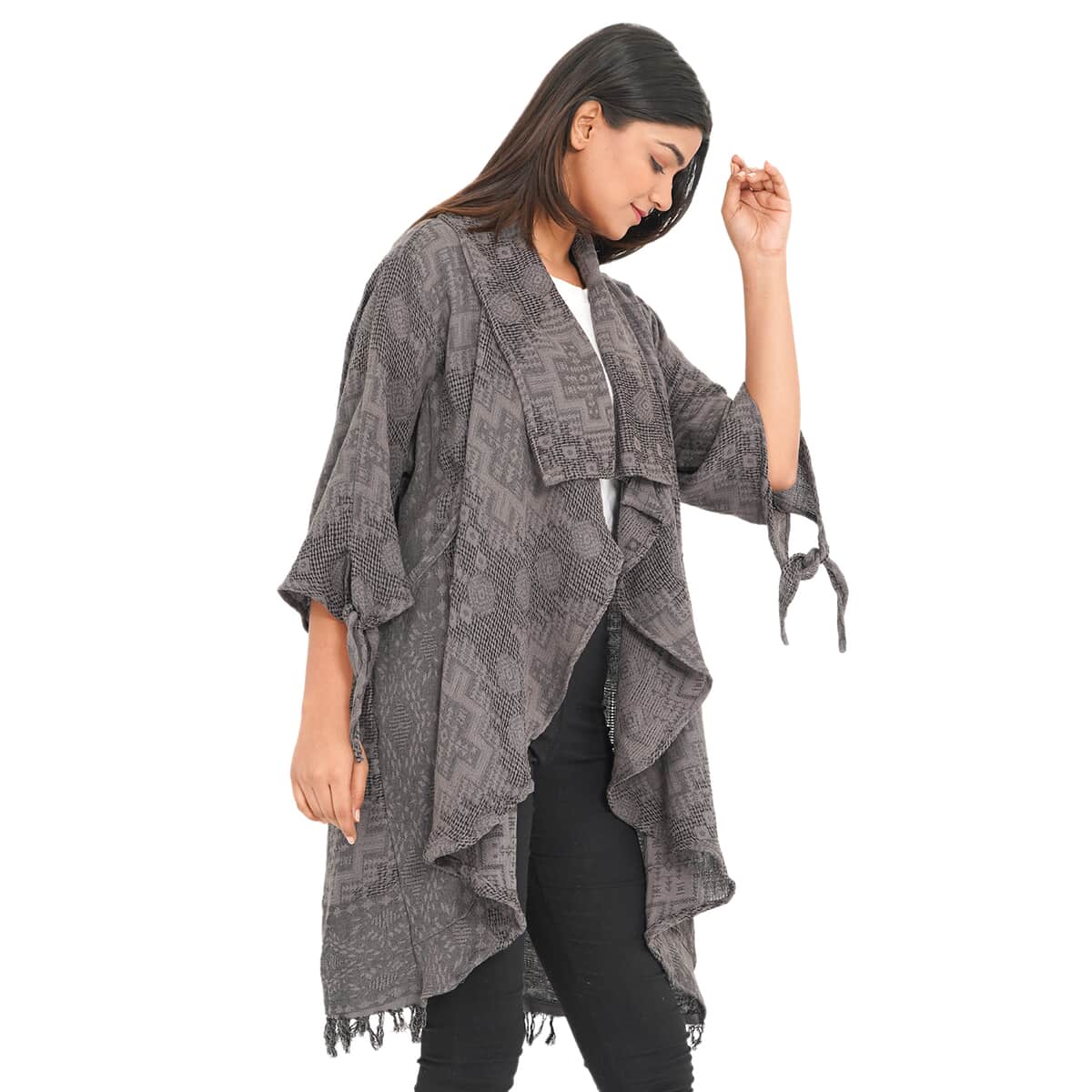 Passage Gray 100% Cotton Double Layer Jacquard Front Waterfall Cardigan - One size Missy, Cotton Cardigan, Women Cardigan, Maxi Cardigan, Summer Cardigan image number 3