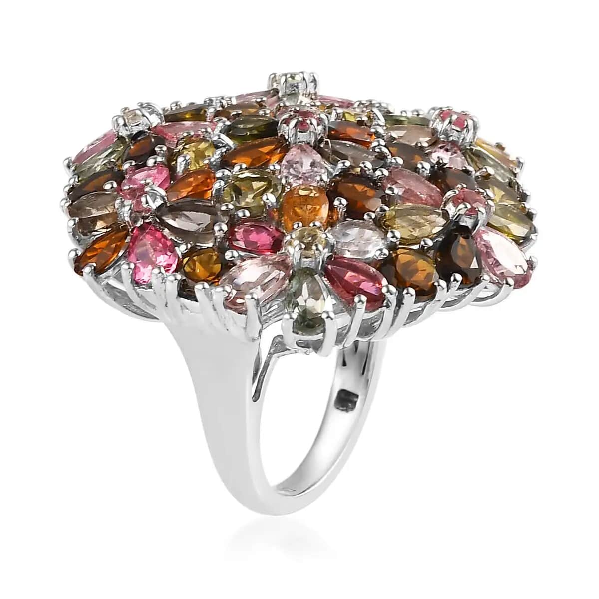 Multi-Tourmaline Floral Ring in Platinum Over Sterling Silver (Size 10.0) 10.10 Grams 11.50 ctw image number 3