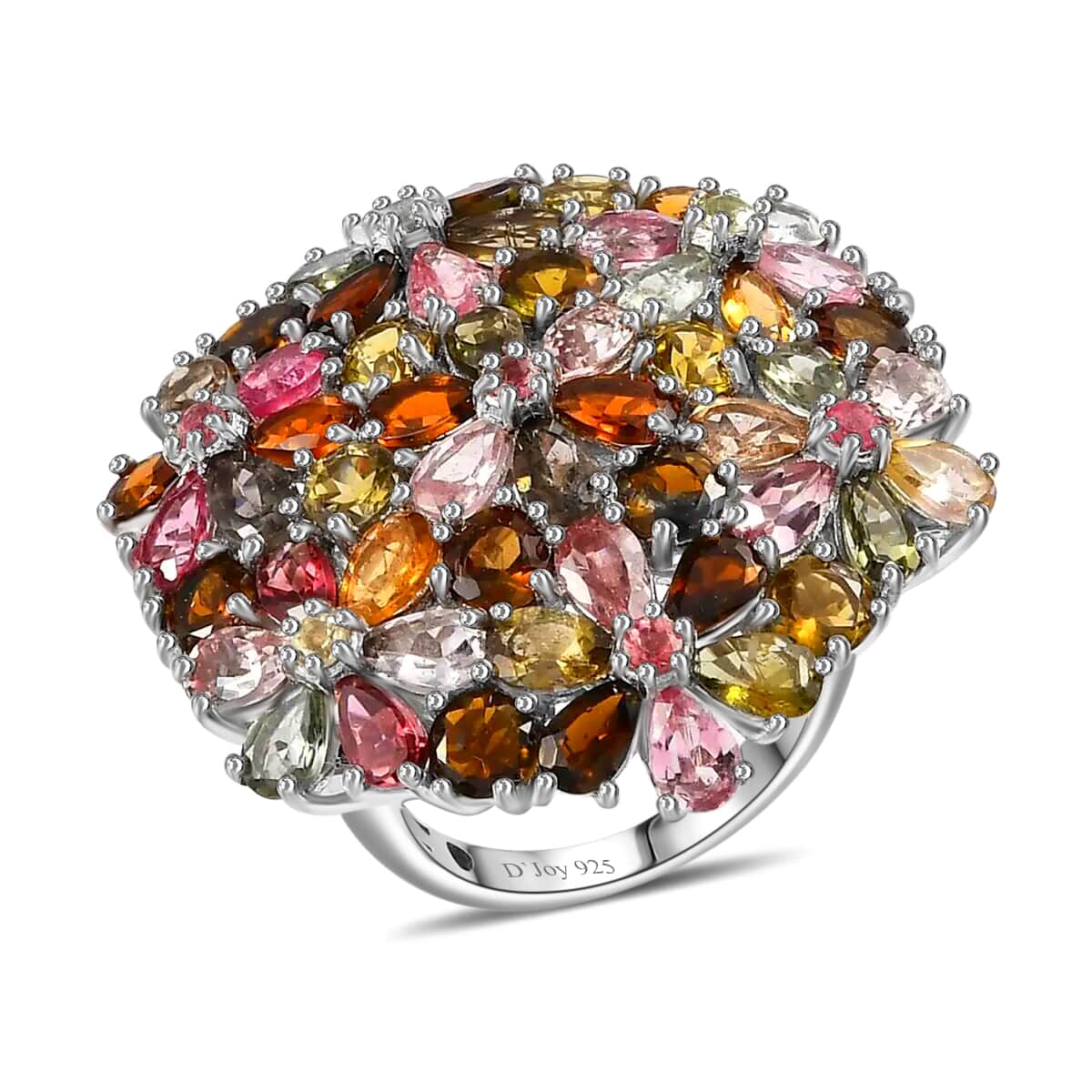 Multi-Tourmaline 11.90 ctw Floral Ring, Multi Tourmaline Ring, Floral Cluster Ring, Platinum Over Sterling Silver Ring (Size 5) image number 0