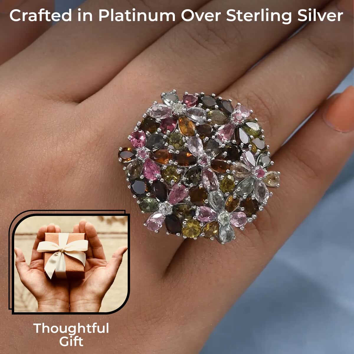 Multi-Tourmaline Floral Ring, Multi Tourmaline Ring, Floral Cluster Ring, Platinum Over Sterling Silver Ring 11.50 ctw image number 2