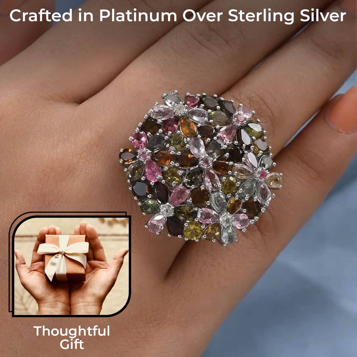 Multi-Tourmaline 11.90 ctw Floral Ring, Multi Tourmaline Ring, Floral Cluster Ring, Platinum Over Sterling Silver Ring (Size 5) image number 2