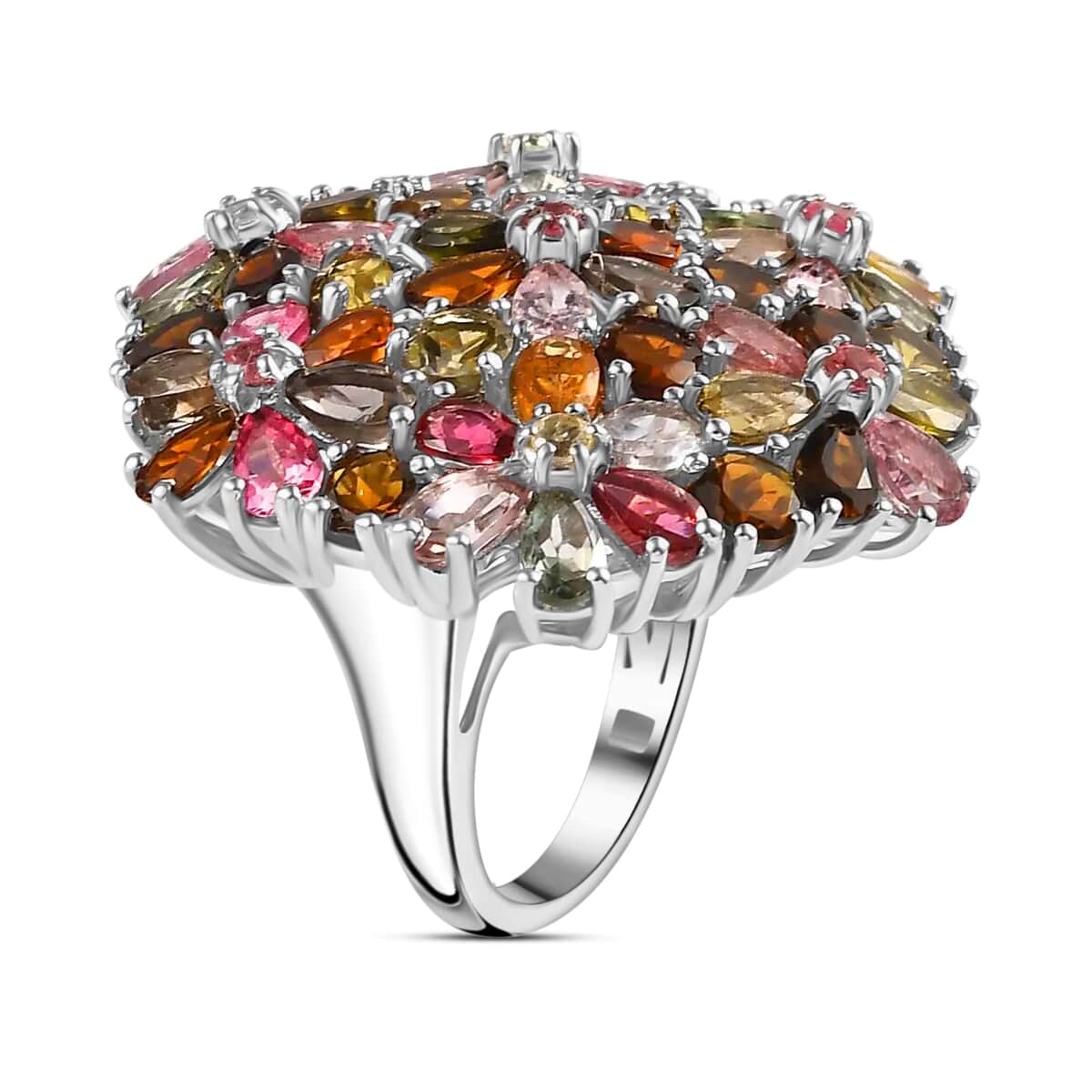 Multi-Tourmaline Floral Ring, Multi Tourmaline Ring, Floral Cluster Ring, Platinum Over Sterling Silver Ring 11.50 ctw image number 3