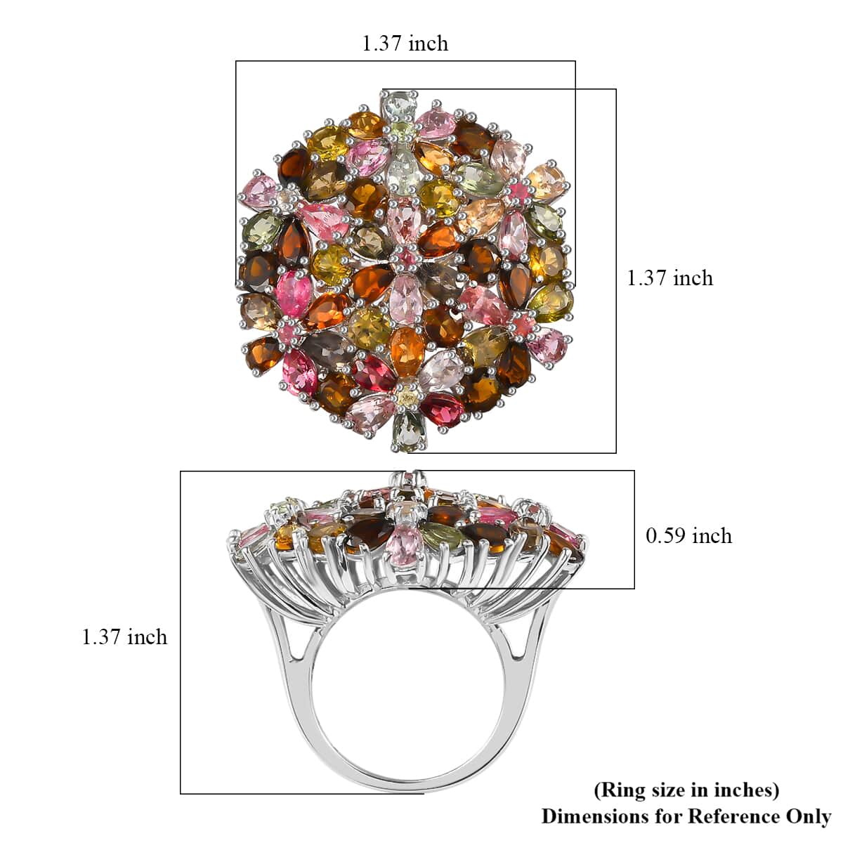 Multi-Tourmaline 11.90 ctw Floral Ring, Multi Tourmaline Ring, Floral Cluster Ring, Platinum Over Sterling Silver Ring (Size 5) image number 6