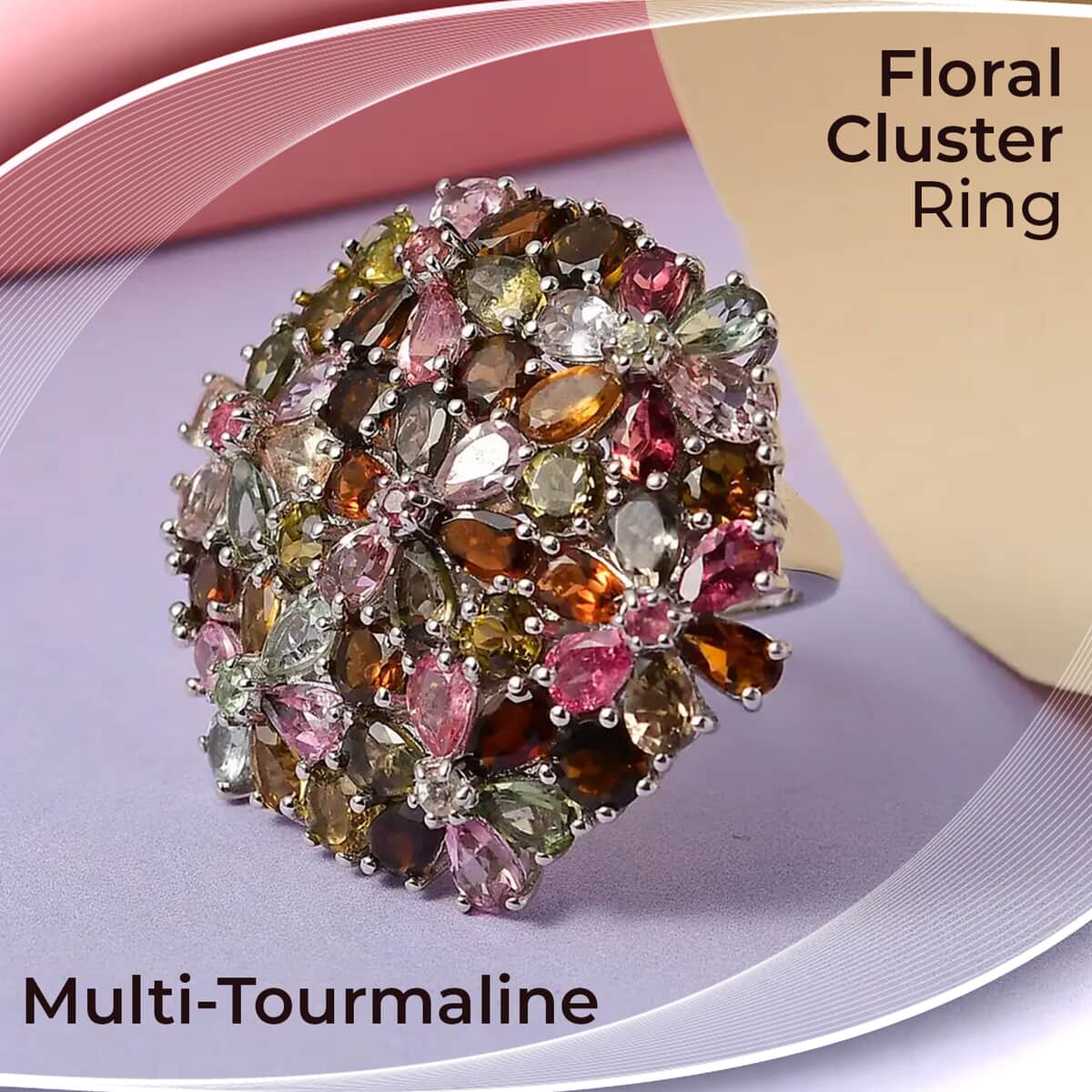 Multi-Tourmaline Floral Ring, Multi Tourmaline Ring, Floral Cluster Ring, Platinum Over Sterling Silver Ring 11.90 ctw (Size 6) image number 1