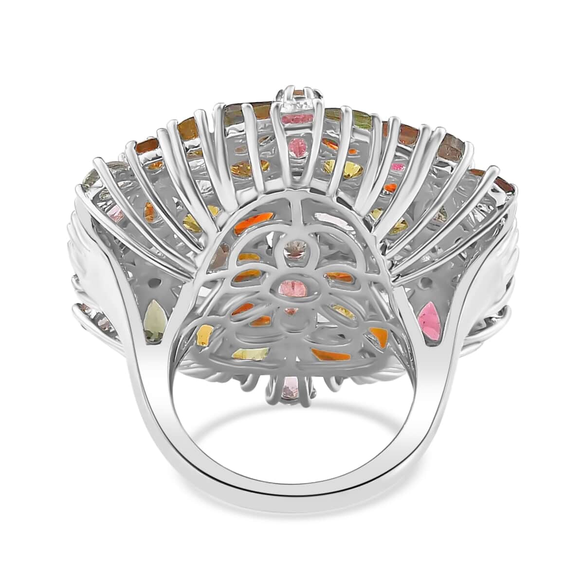Multi-Tourmaline Floral Ring, Multi Tourmaline Ring, Floral Cluster Ring, Platinum Over Sterling Silver Ring 11.90 ctw (Size 6) image number 4