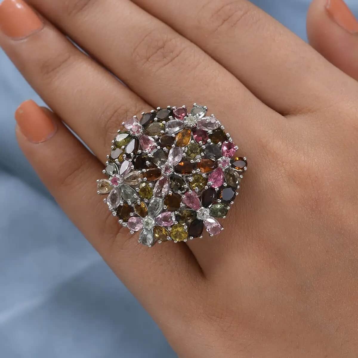 Multi-Tourmaline Floral Ring, Multi Tourmaline Ring, Floral Cluster Ring, Platinum Over Sterling Silver Ring 11.90 ctw (Size 6) image number 5