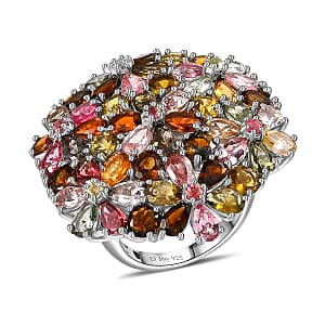 Multi-Tourmaline 11.90 ctw Floral Ring, Multi Tourmaline Ring, Floral Cluster Ring, Platinum Over Sterling Silver Ring (Size 7)