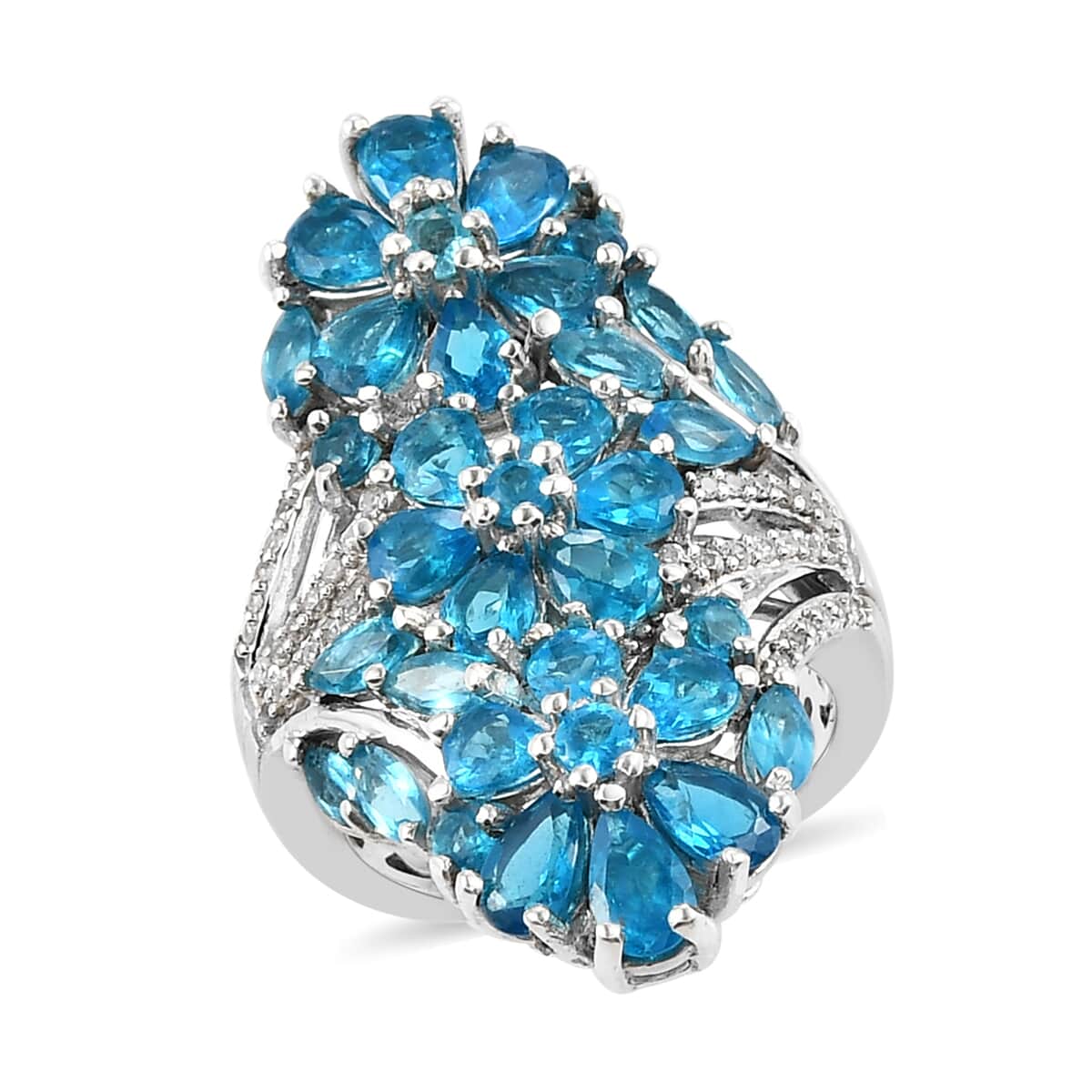 Malgache Neon Apatite and Natural White Zircon Floral Ring in Platinum Over Sterling Silver (Size 5.0) 7.50 Grams 4.30 ctw image number 0