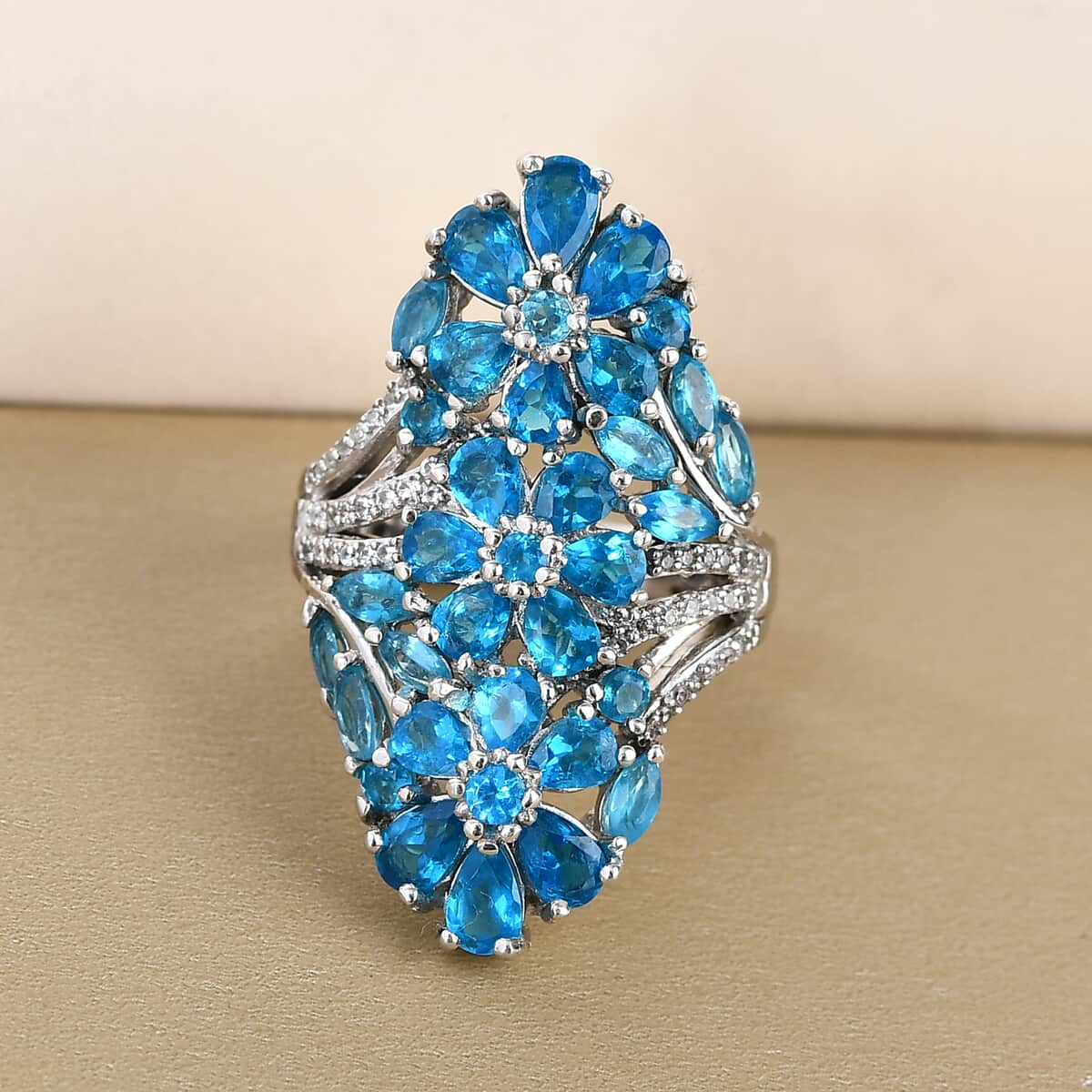 Malgache Neon Apatite and Natural White Zircon Floral Ring in Platinum Over Sterling Silver (Size 6.0) 7.50 Grams 4.30 ctw image number 1