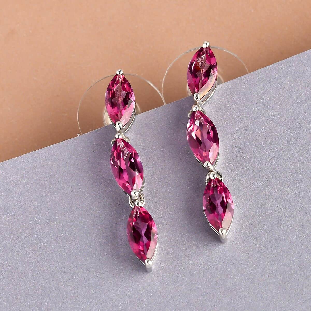 Pure Pink Mystic Topaz Dangle Earrings in Platinum Over Sterling Silver 3.80 ctw image number 1