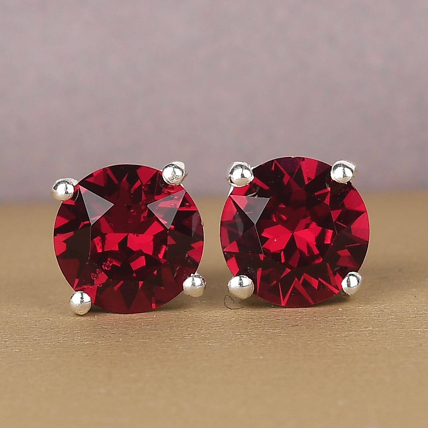 Ruby Color Crystal Solitaire Stud Earrings in Sterling Silver