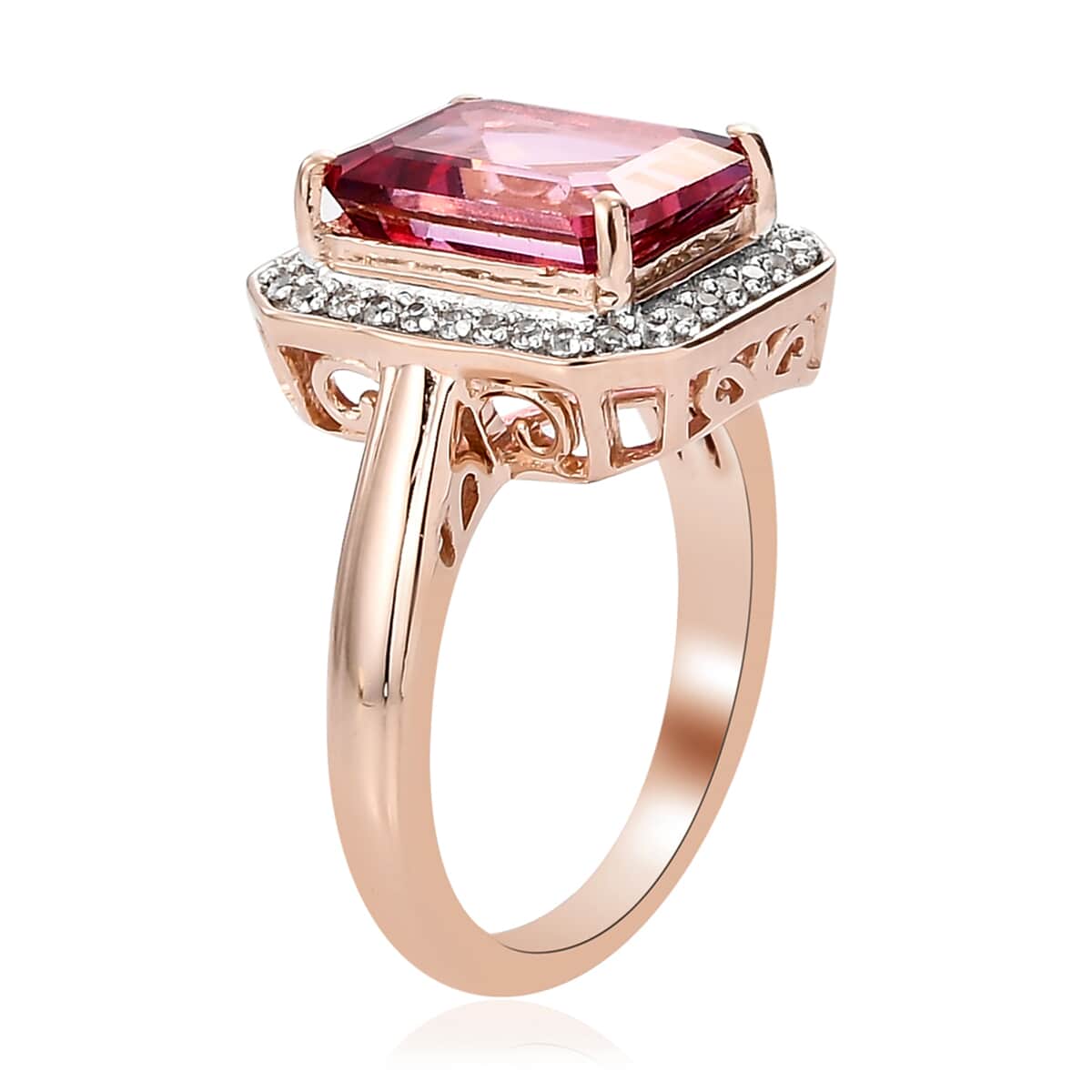 Pure Pink Mystic Topaz and White Zircon Halo Ring in Vermeil Rose Gold Over Sterling Silver (Size 7.0) 4.50 ctw image number 3