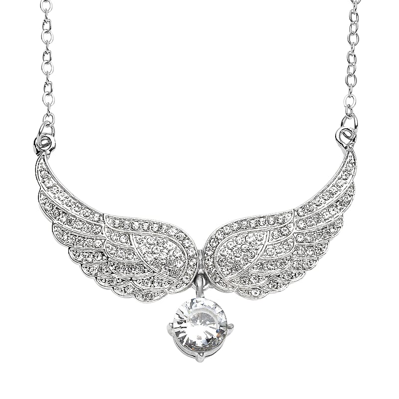 Simulated White Topaz and Austrian Crystal Angel Wings Necklace 20.5-22.5 Inches in Silvertone 1.50 ctw