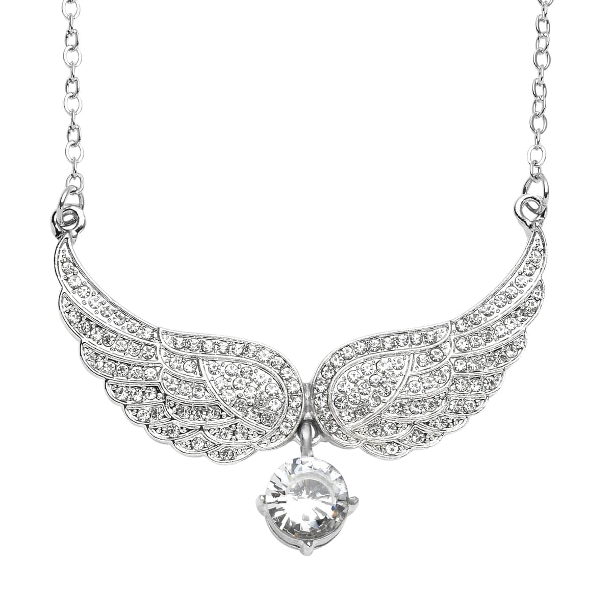 Simulated White Topaz and Austrian Crystal Angel Wings Necklace 20.5-22.5 Inches in Silvertone 1.50 ctw image number 0