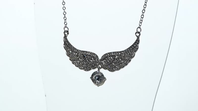 Simulated White Topaz and Austrian Crystal Angel Wings Necklace 20.5-22.5 Inches in Silvertone 1.50 ctw
