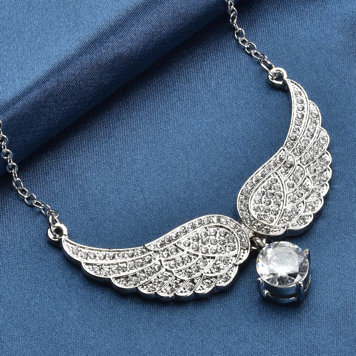 Simulated White Topaz and Austrian Crystal Angel Wings Necklace 20.5-22.5 Inches in Silvertone 1.50 ctw image number 1