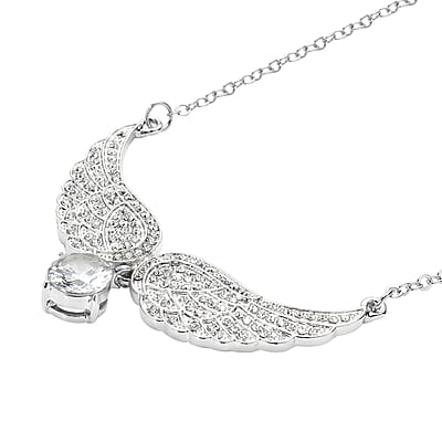 Simulated White Topaz and Austrian Crystal Angel Wings Necklace 20.5-22.5 Inches in Silvertone 1.50 ctw