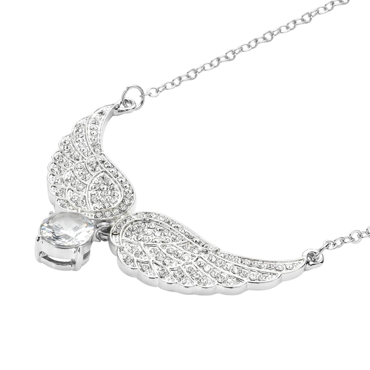 Simulated White Topaz and Austrian Crystal Angel Wings Necklace 20.5-22.5 Inches in Silvertone 1.50 ctw image number 3