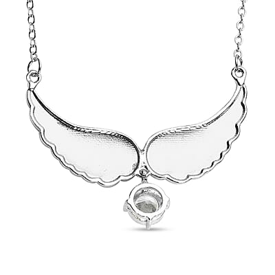 Simulated White Topaz and Austrian Crystal Angel Wings Necklace 20.5-22.5 Inches in Silvertone 1.50 ctw