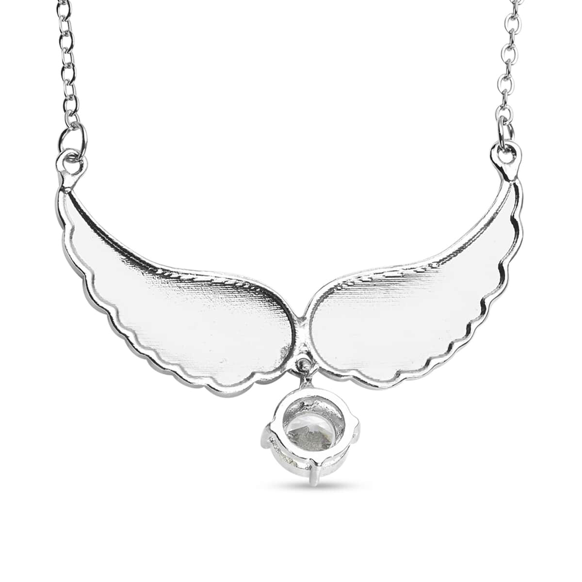 Simulated White Topaz and Austrian Crystal Angel Wings Necklace 20.5-22.5 Inches in Silvertone 1.50 ctw image number 4