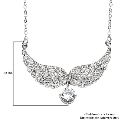 Simulated White Topaz and Austrian Crystal Angel Wings Necklace 20.5-22.5 Inches in Silvertone 1.50 ctw