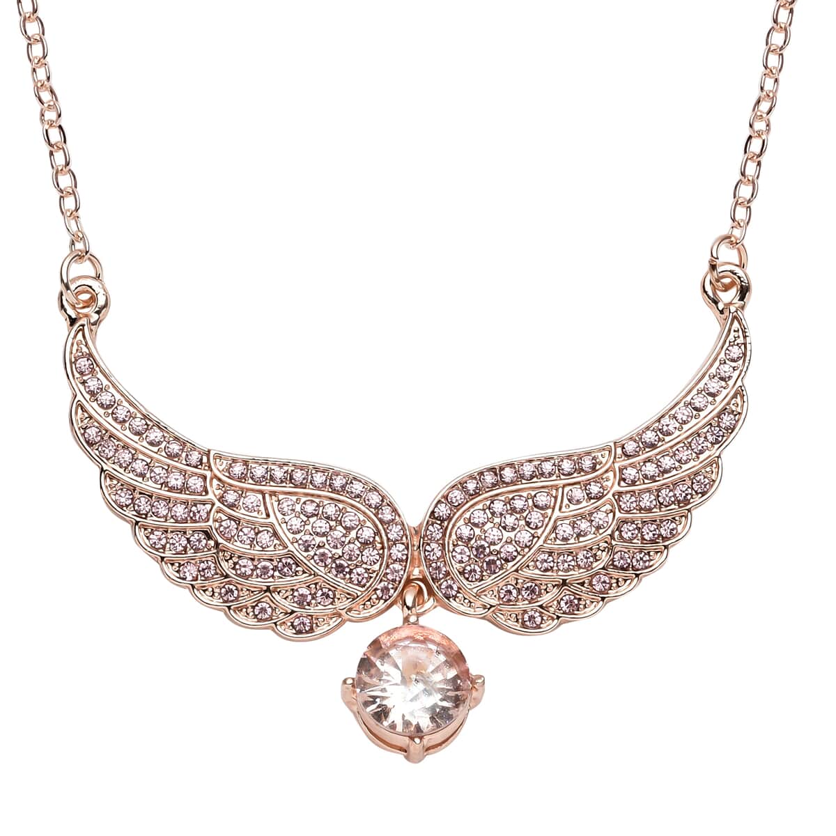Simulated Pink Sapphire and Pink Austrian Crystal Angel Wings Necklace 20.5-22.5 Inches in Rosetone image number 0