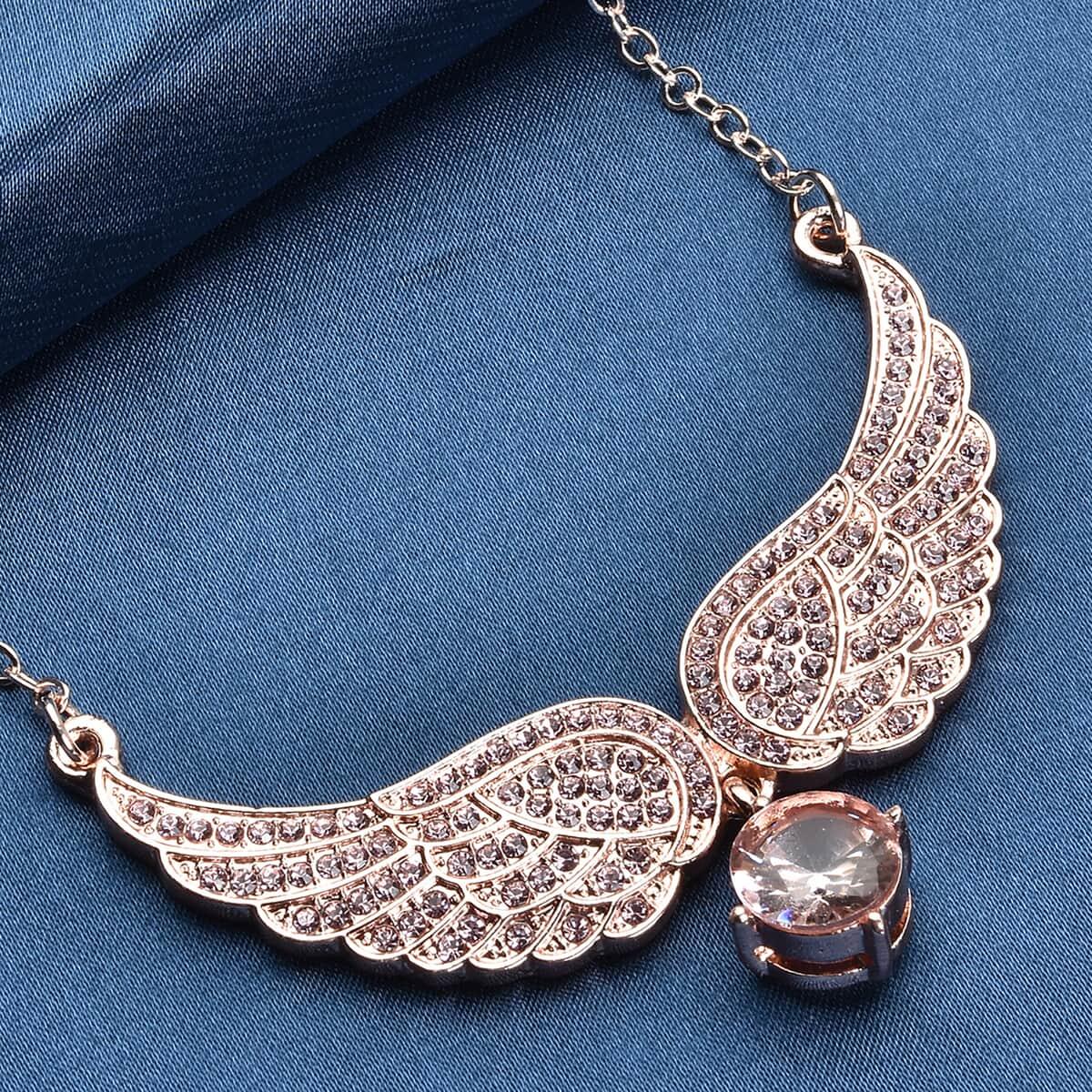 Simulated Pink Sapphire and Pink Austrian Crystal Angel Wings Necklace 20.5-22.5 Inches in Rosetone image number 1