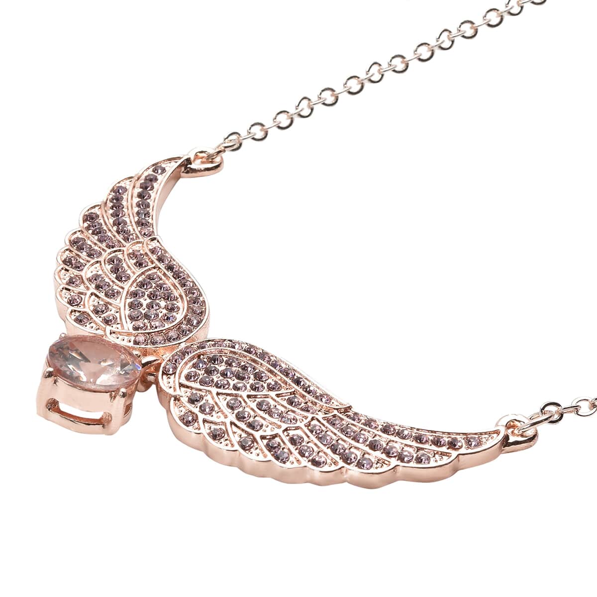 Simulated Pink Sapphire and Pink Austrian Crystal Angel Wings Necklace 20.5-22.5 Inches in Rosetone image number 3