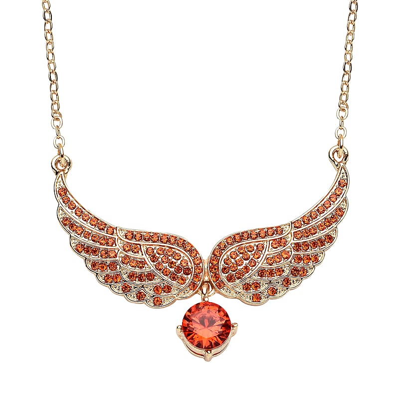 Simulated Orange Sapphire and Orange Color Austrian Crystal Angel Wings Necklace in Goldtone 20.5-22.5 Inches