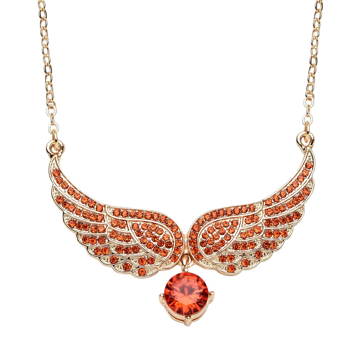 Simulated Orange Sapphire and Orange Color Austrian Crystal Angel Wings Necklace 20.5-22.5 Inches in Goldtone 1.50 ctw image number 0