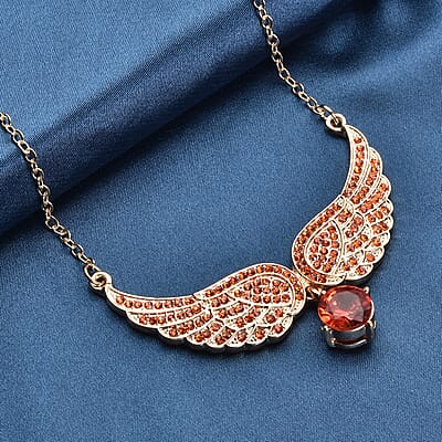 Simulated Orange Sapphire and Orange Color Austrian Crystal Angel Wings Necklace in Goldtone 20.5-22.5 Inches
