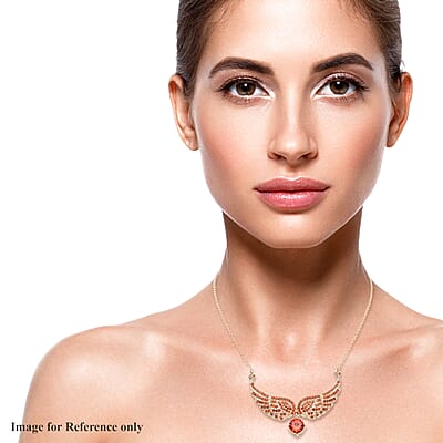 Simulated Orange Sapphire and Orange Color Austrian Crystal Angel Wings Necklace in Goldtone 20.5-22.5 Inches