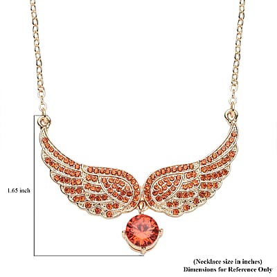 Simulated Orange Sapphire and Orange Color Austrian Crystal Angel Wings Necklace in Goldtone 20.5-22.5 Inches