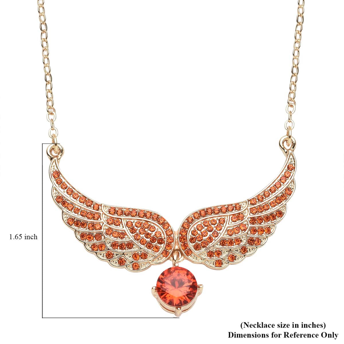 Simulated Orange Sapphire and Orange Color Austrian Crystal Angel Wings Necklace 20.5-22.5 Inches in Goldtone 1.50 ctw image number 6