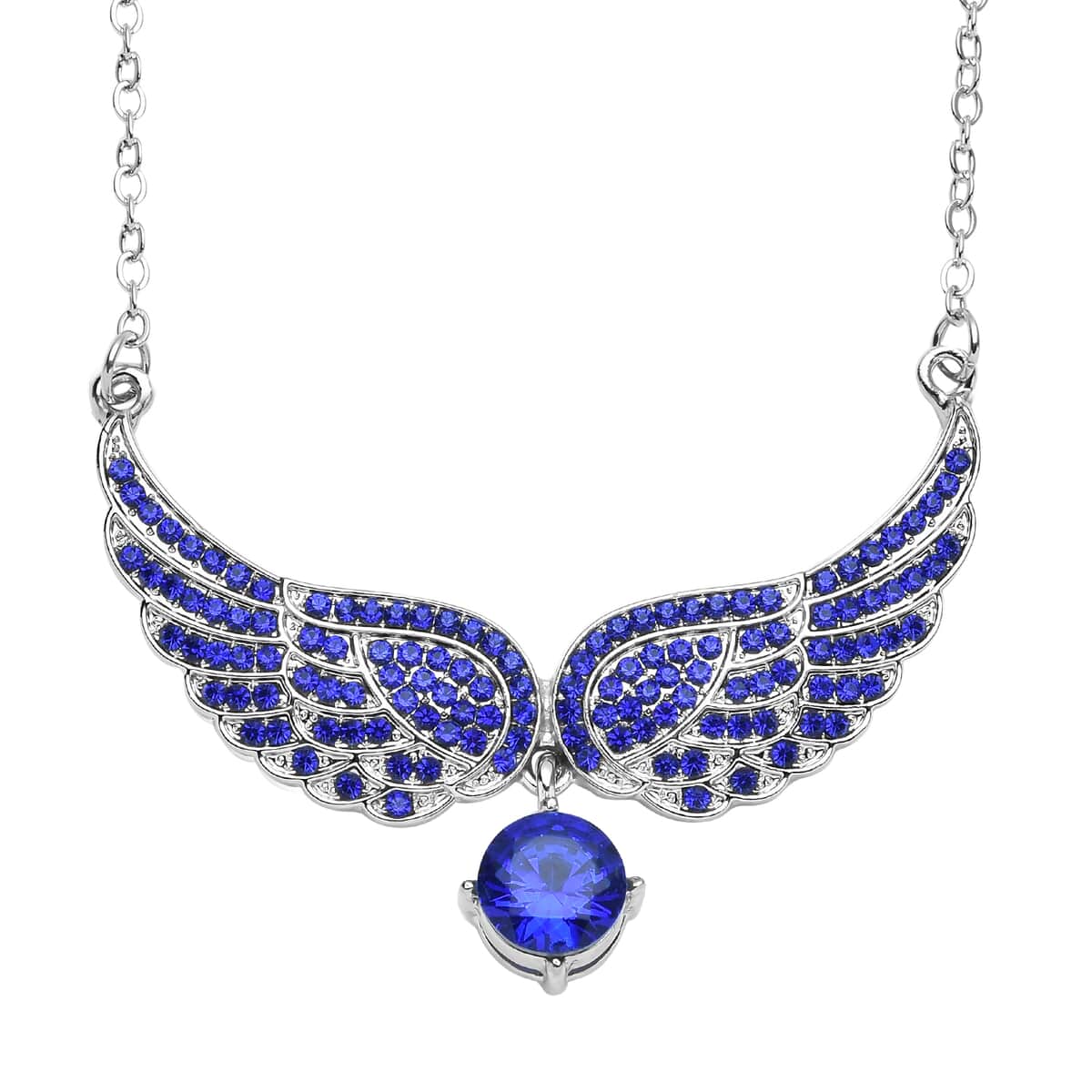 Simulated Blue Sapphire and Tanzanite Blue Color Austrian Crystal Angel Wings Necklace 20.5-22.5 Inches in Silvertone 1.50 ctw image number 0