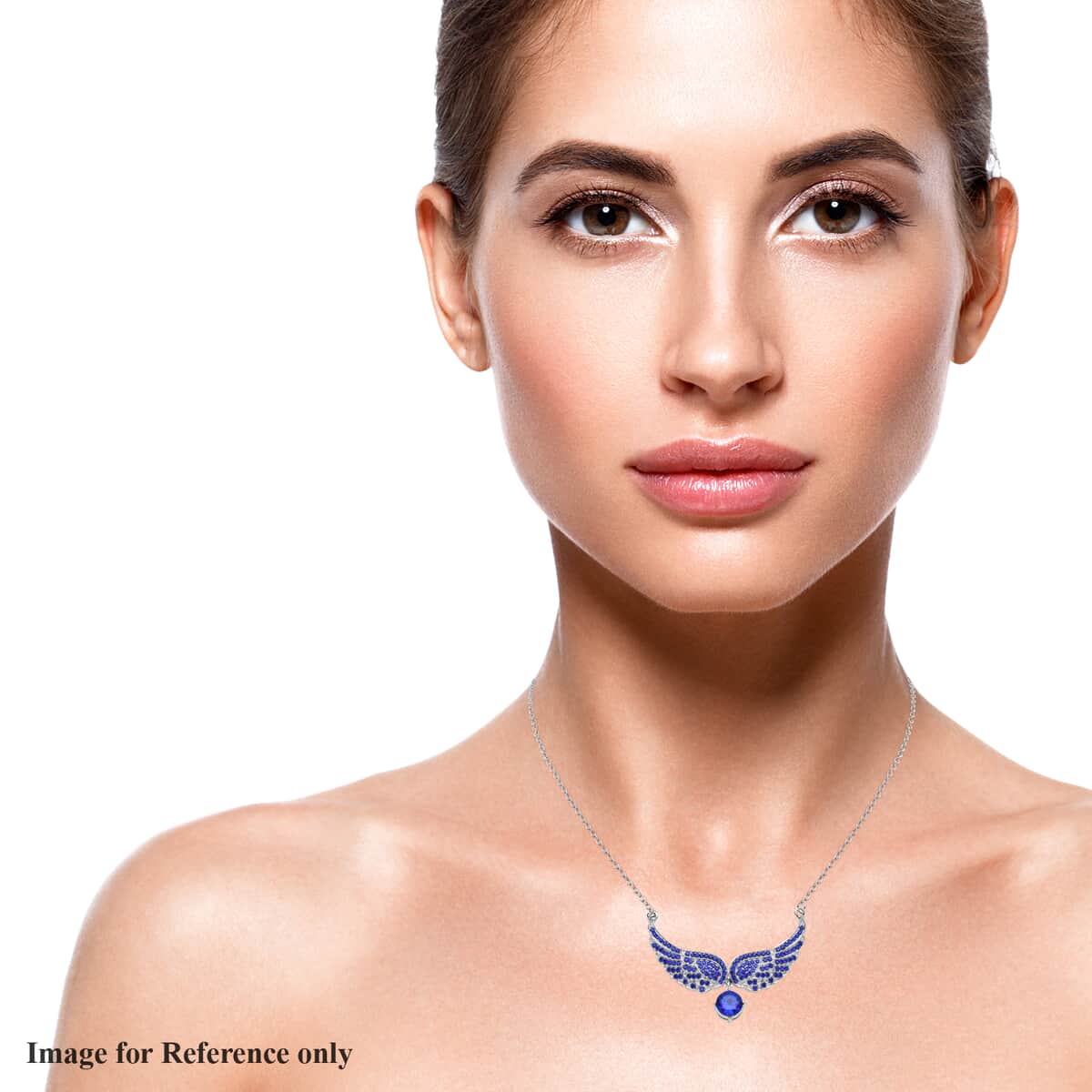 Simulated Blue Sapphire and Tanzanite Blue Color Austrian Crystal Angel Wings Necklace 20.5-22.5 Inches in Silvertone 1.50 ctw image number 2