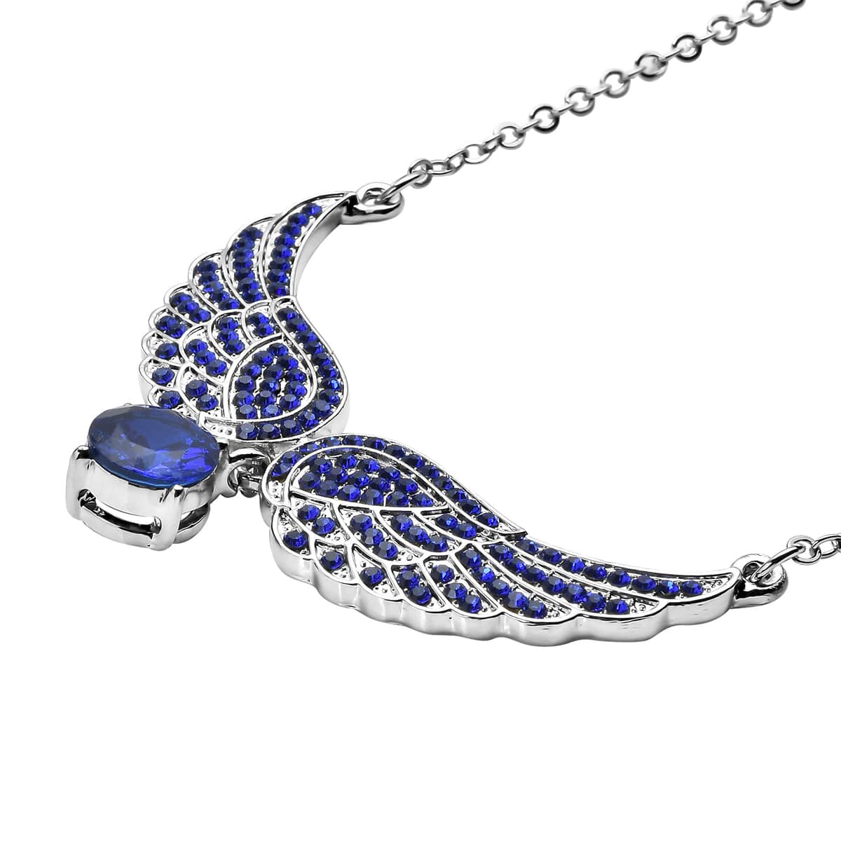 Simulated Blue Sapphire and Tanzanite Blue Color Austrian Crystal Angel Wings Necklace 20.5-22.5 Inches in Silvertone 1.50 ctw image number 3