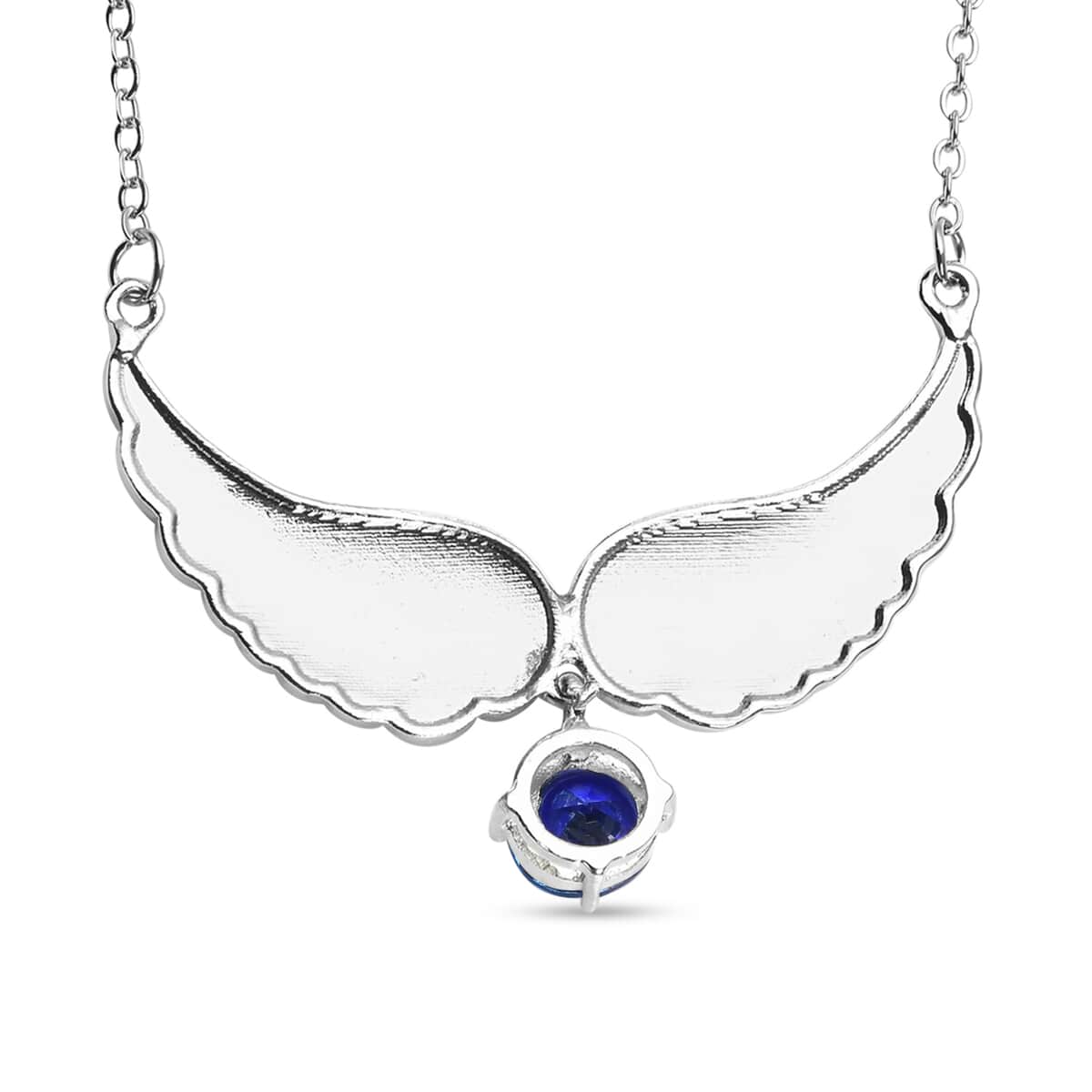 Simulated Blue Sapphire and Tanzanite Blue Color Austrian Crystal Angel Wings Necklace 20.5-22.5 Inches in Silvertone 1.50 ctw image number 4