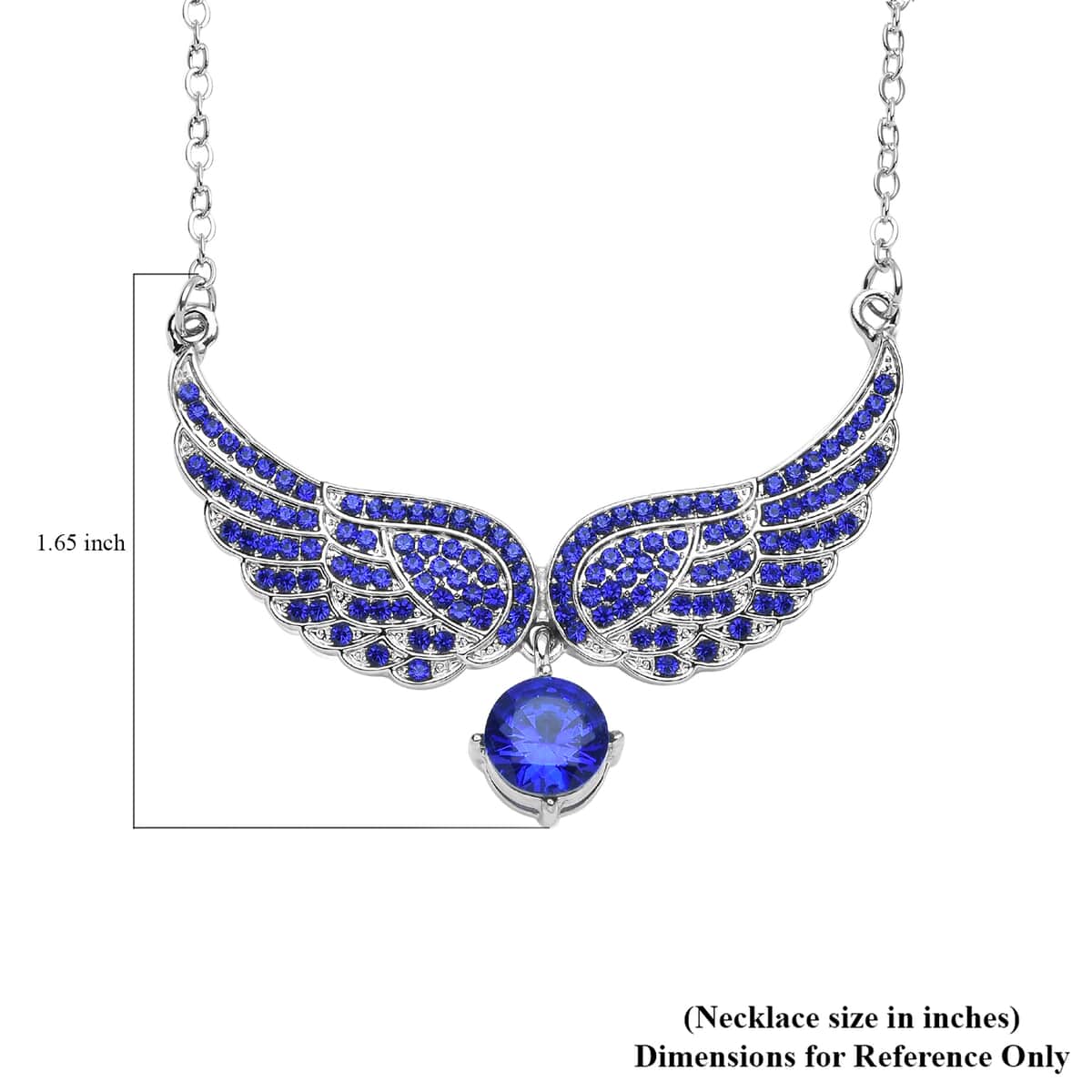 Simulated Blue Sapphire and Tanzanite Blue Color Austrian Crystal Angel Wings Necklace 20.5-22.5 Inches in Silvertone 1.50 ctw image number 6