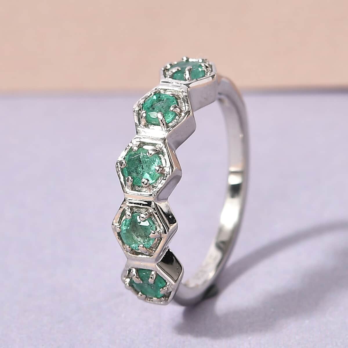 AAA Kagem Zambian Emerald 5 Stone Ring in Platinum Over Sterling Silver (Size 9.0) 0.50 ctw image number 1