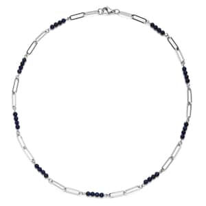 Lapis Lazuli Beaded Paper Clip Chain Necklace 20 Inches in Stainless Steel 6.00 ctw