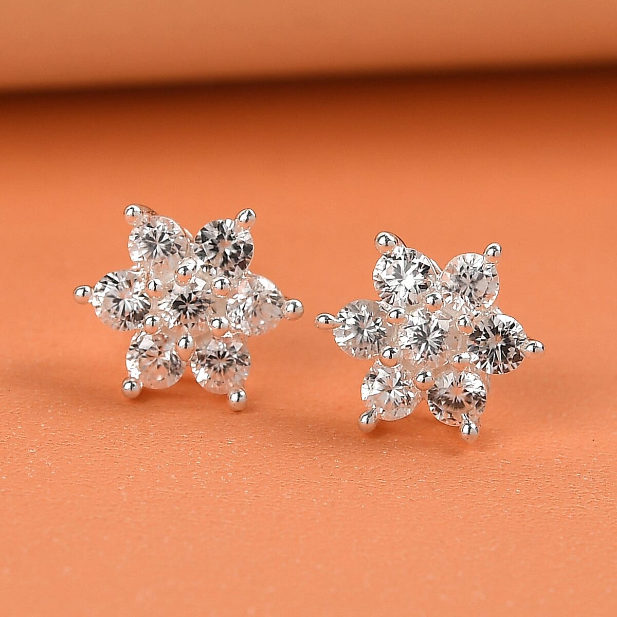 Natural White Zircon Floral Stud Earrings in Sterling Silver 1.00 ctw image number 1