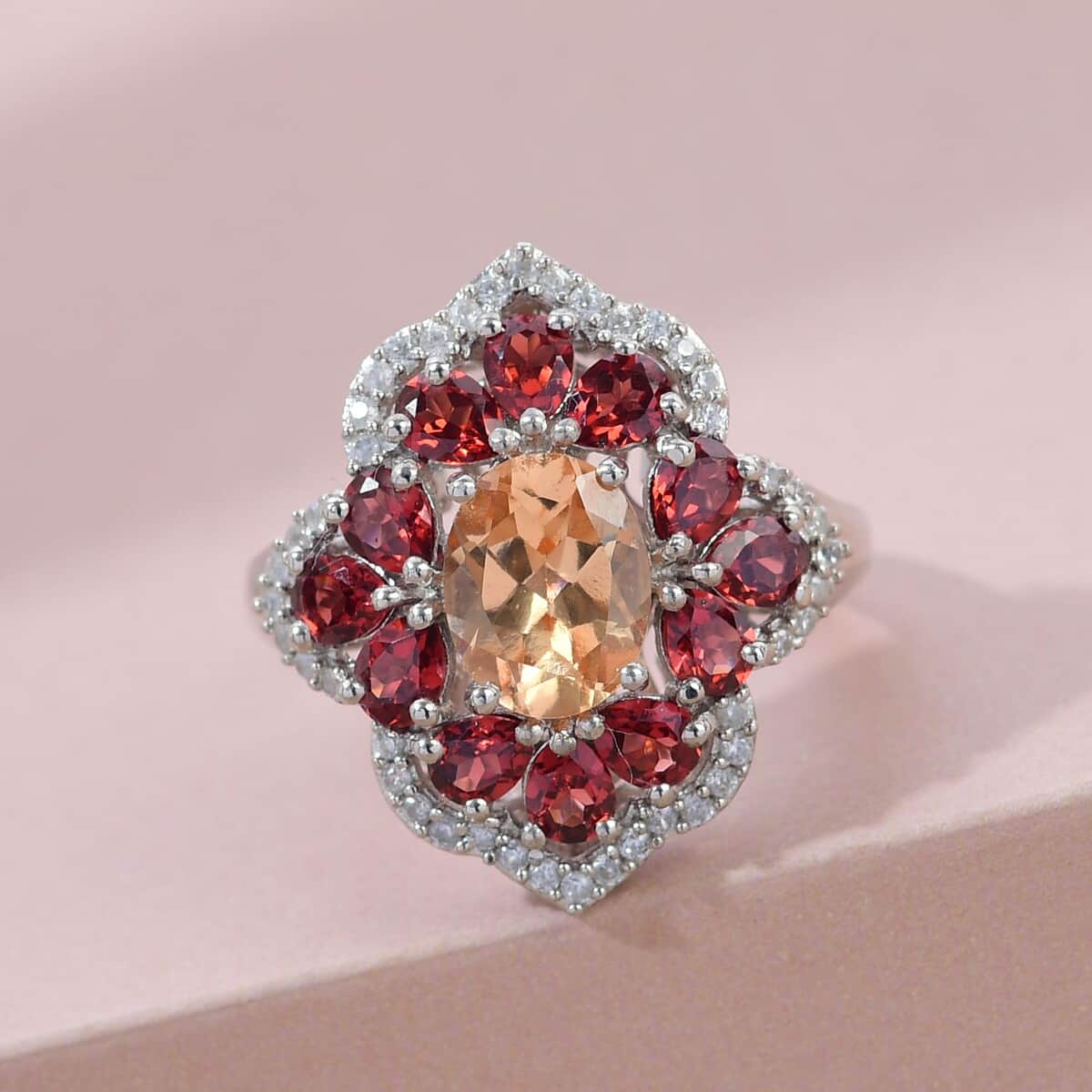 Natural Ceylon Imperial Garnet and Multi Gemstone Ring in Platinum Over Sterling Silver 5.10 ctw image number 1