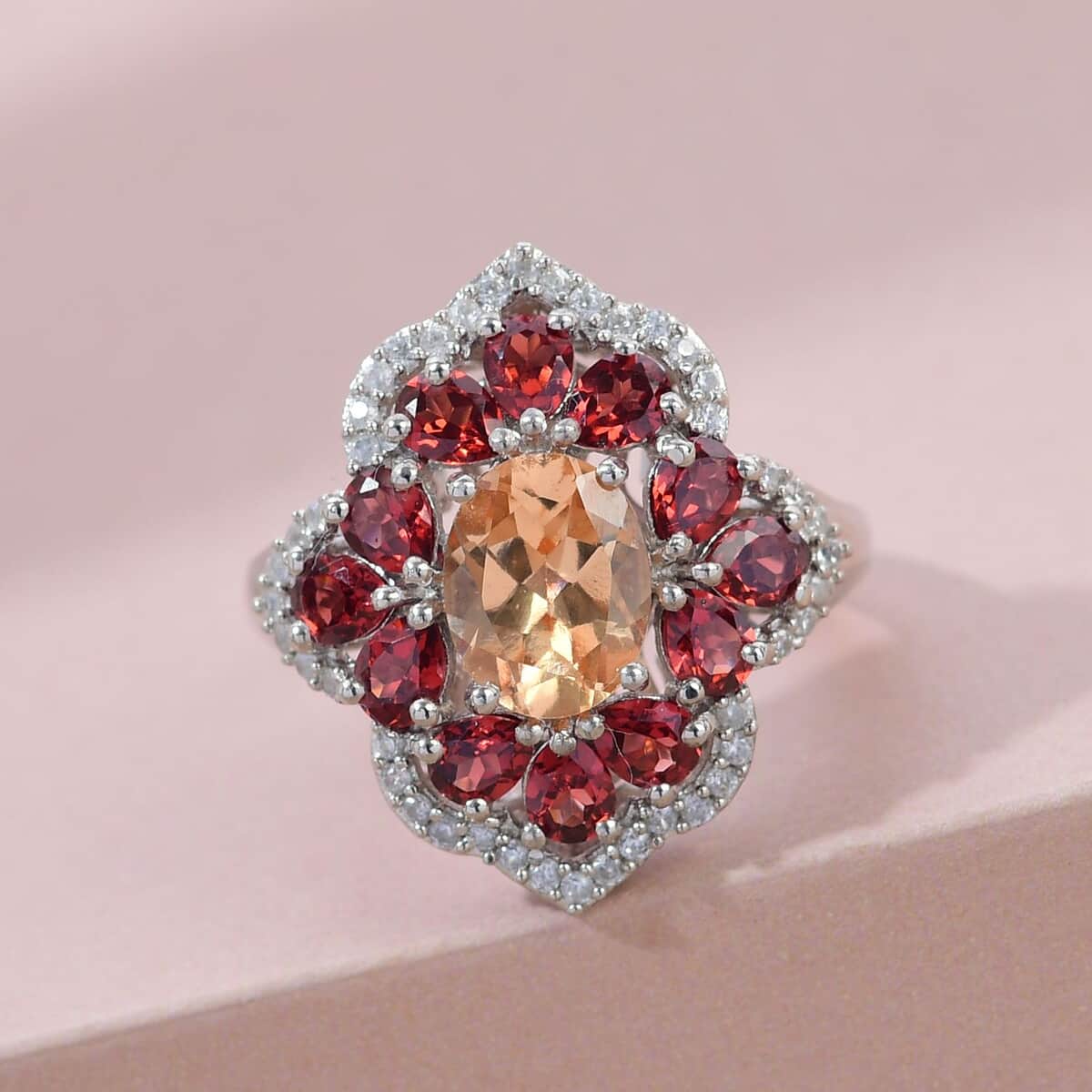 Natural Ceylon Imperial Garnet and Multi Gemstone Ring in Platinum Over Sterling Silver (Size 6.0) 5.10 ctw image number 1