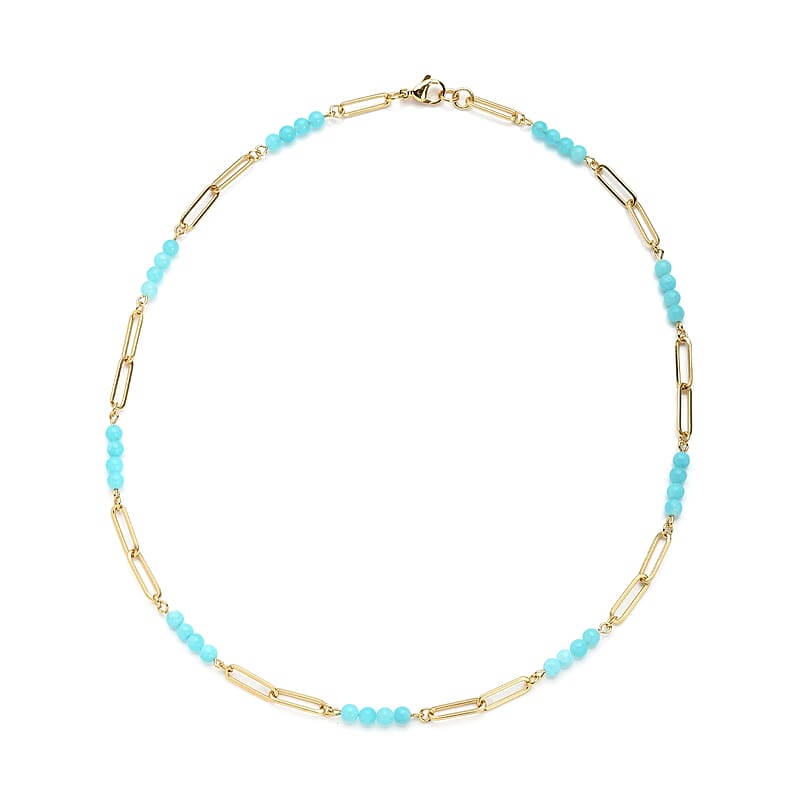 Amazonite Beaded Paper Clip Chain Necklace YG (20 Inches) in Stainless Steel 6.00 ctw