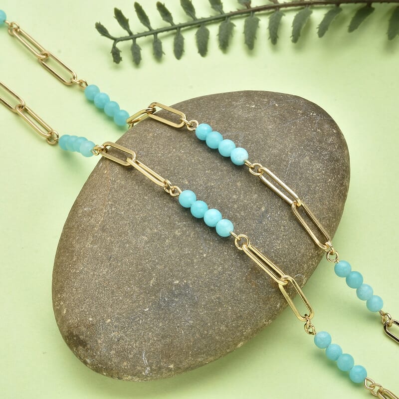 Amazonite Beaded Paper Clip Chain Necklace YG (20 Inches) in Stainless Steel 6.00 ctw