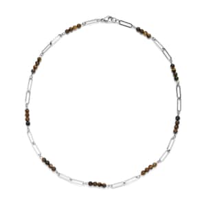 Yellow Tiger's Eye Beaded Paper Clip Chain Necklace (20 Inches) in Stainless Steel 6.00 ctw | Tarnish-Free, Waterproof, Sweat Proof Jewelry