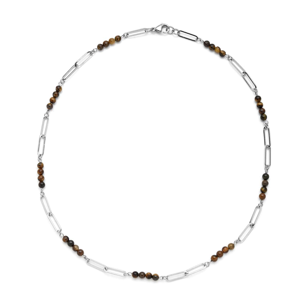 Yellow Tiger's Eye Beaded Paper Clip Chain Necklace (20 Inches) in Stainless Steel 6.00 ctw | Tarnish-Free, Waterproof, Sweat Proof Jewelry image number 0