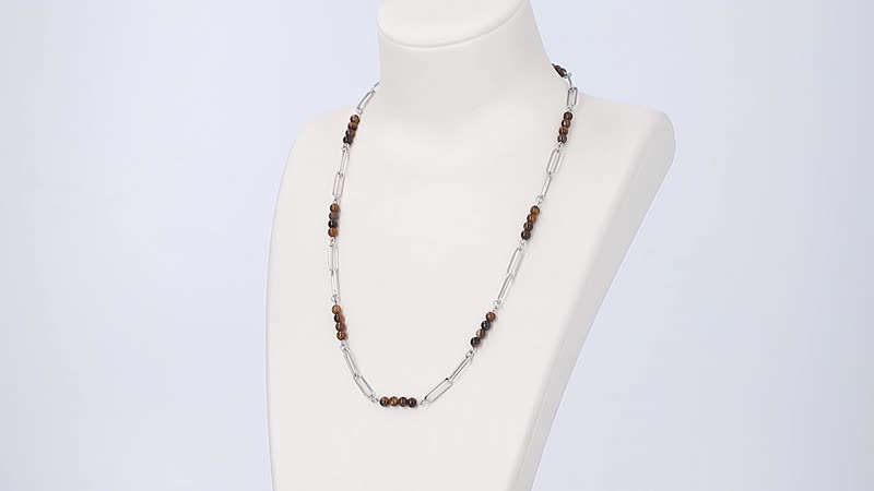 Yellow Tiger's Eye Beaded Paper Clip Chain Necklace (20 Inches) in Stainless Steel 6.00 ctw | Tarnish-Free, Waterproof, Sweat Proof Jewelry