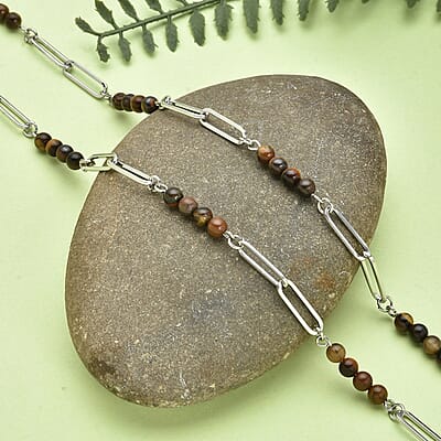 Yellow Tiger's Eye Beaded Paper Clip Chain Necklace (20 Inches) in Stainless Steel 6.00 ctw | Tarnish-Free, Waterproof, Sweat Proof Jewelry